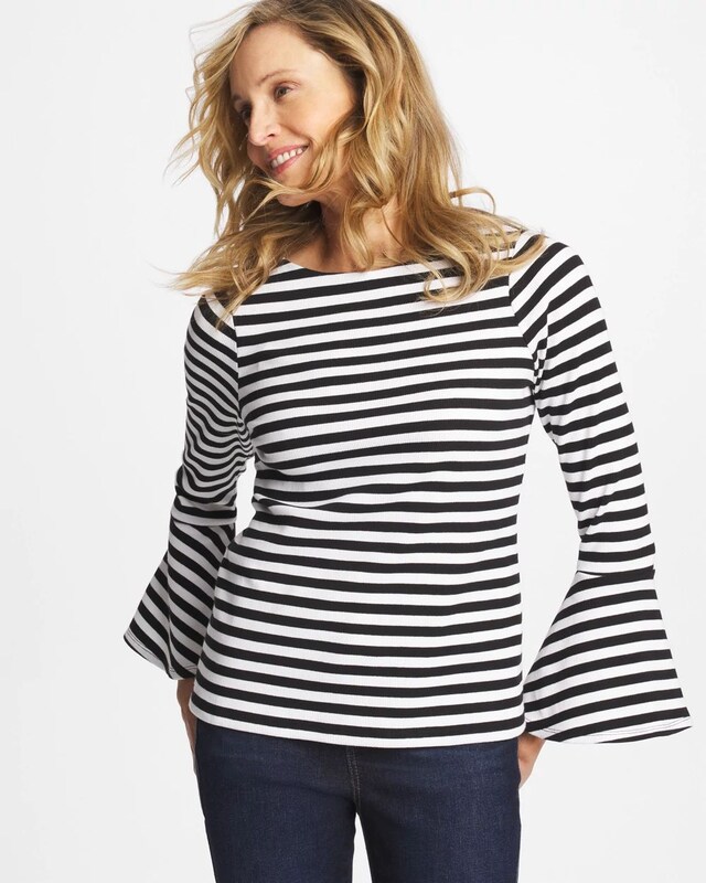 Striped Rib Knit Bell Sleeve Top - image 1
